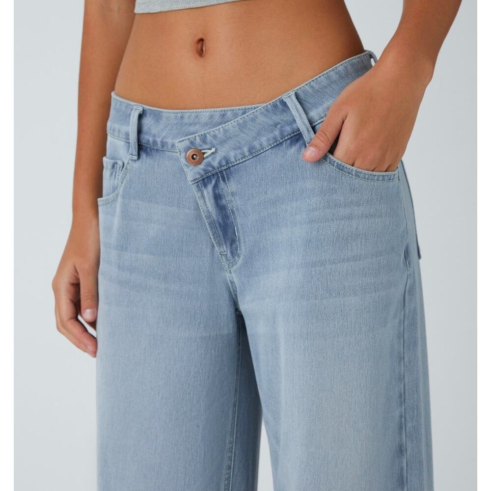 Sz Lg Tall HALARA Light Blue Low-Rise Asymmetric Wide-leg Stretch Pocket Jeans - Picture 4 of 7